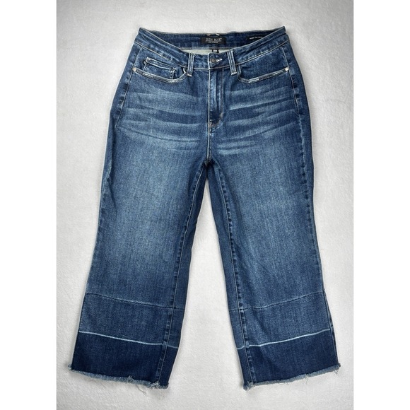 Judy Blue Denim - Judy Blue Women's Wide Leg Crop Jeans Size 14W High Rise Raw Hem Denim
